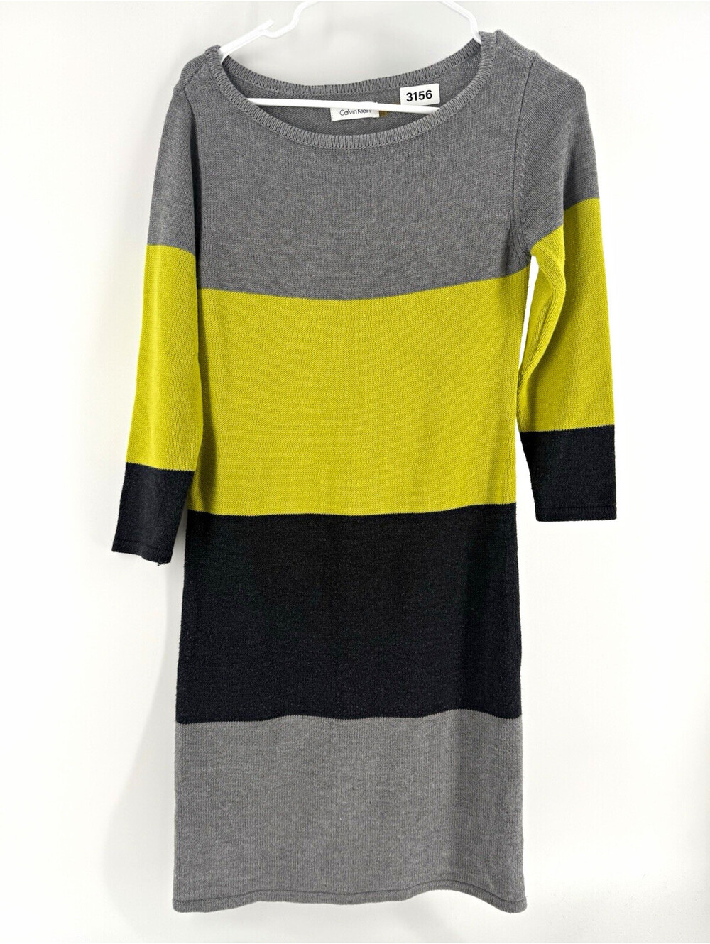 Calvin Klein Colorblock Knit Sweater Dress Gray Green Black 3/4 Sz 6